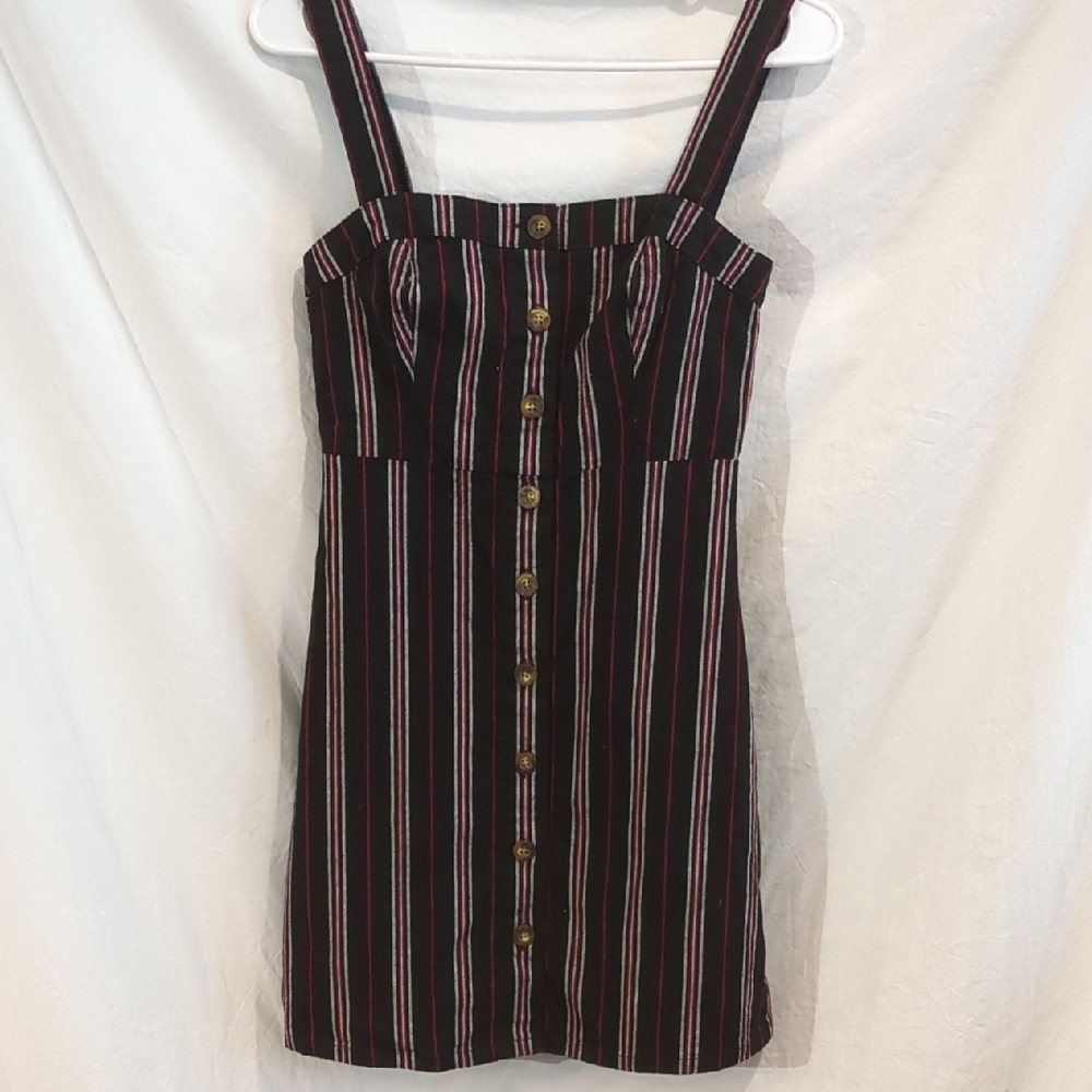 Hollister | Striped Dress Adjustable Straps Black Red White Button Front | XS